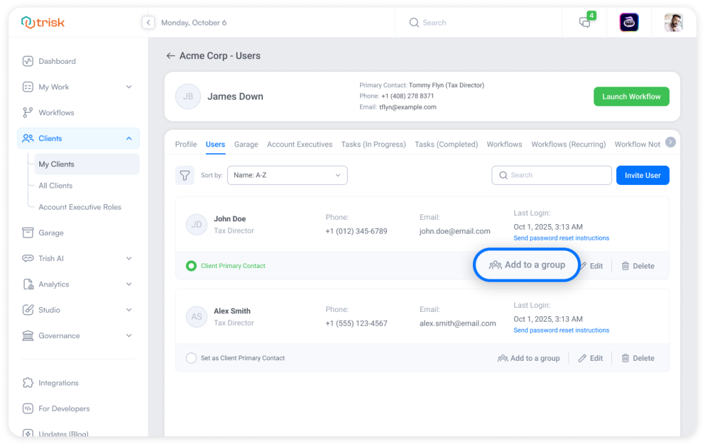Trisk showing the “Add to a group” option, enabling professional service teams to quickly place internal staff, clients, and guest collaborators into predefined groups for streamlined assignments, file sharing, and workflow automation.