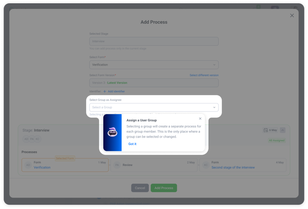 Trisk “Add Process” screen showing the option to select a User Group as the assignee, enabling accounting, legal, consulting, and insurance teams to automatically generate separate workflow processes for each group member—eliminating repetitive manual setup.
