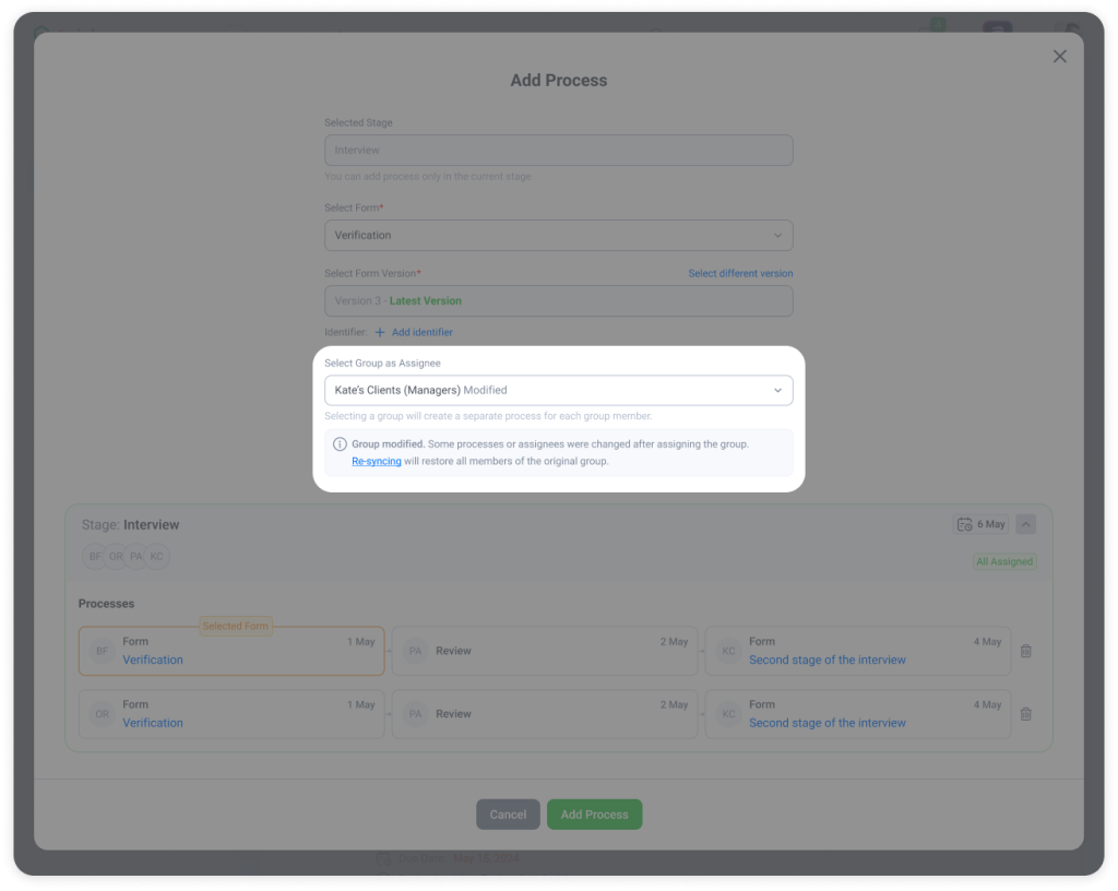 Trisk interface displaying a modified User Group assignment with a notice and re-sync option, helping professional service firms maintain accurate, audit-ready workflow assignments even when group membership or assignees change mid-process.