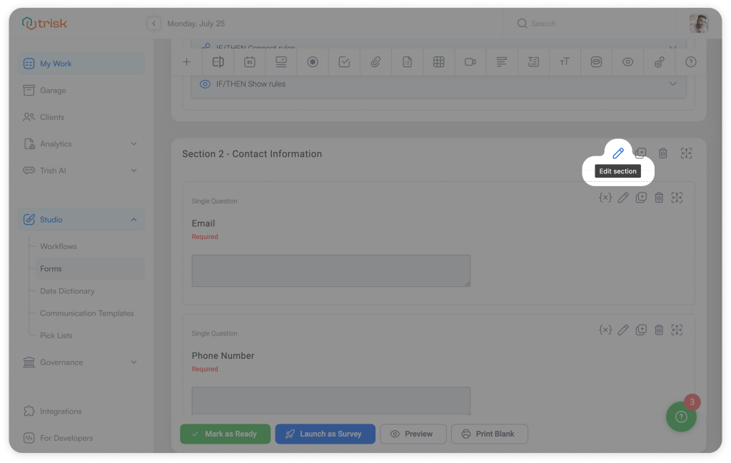 Workflow automation form builder interface showing Edit Section mode with contact information fields for email and phone number, used by accounting firms, CPA practices, and law firms to manage client intake forms and structured data collection.