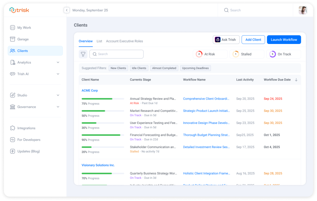 Redesigned Clients dashboard in workflow automation software showing Overview, List, and Account Executive Roles tabs for accounting firms and professional services, providing unified client visibility, progress tracking, risk status, and deadline management in one centralized client management system.