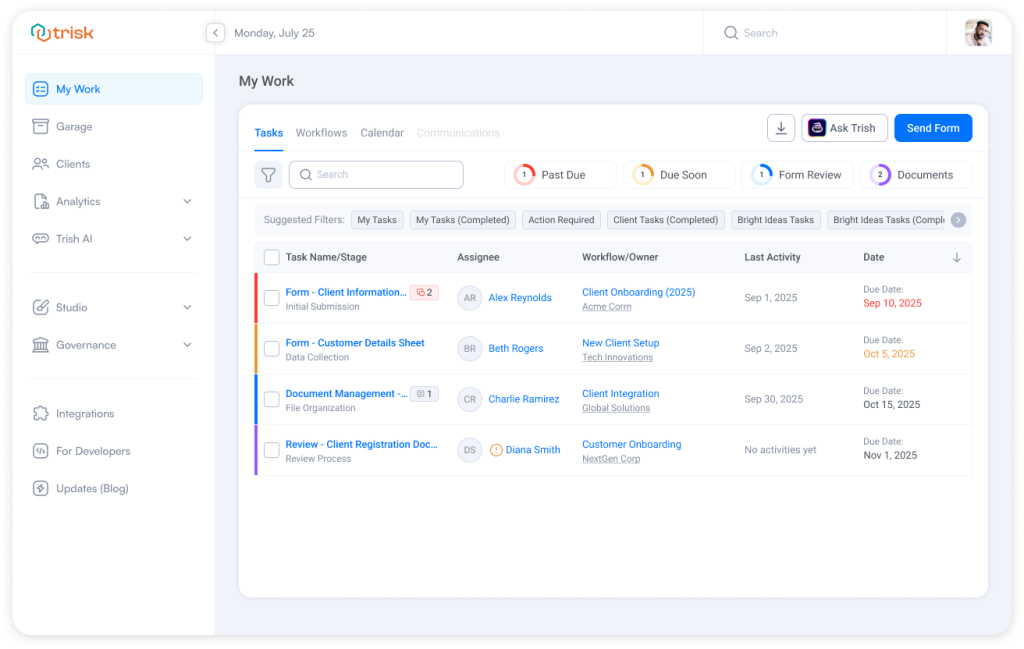 Trisk “My Work” dashboard showing a unified task list with columns for task name, assignee, workflow owner, last activity, and due date—helping accounting firms, law practices, consultants, and insurance teams manage daily work from one centralized workspace with improved visibility and workflow automation.