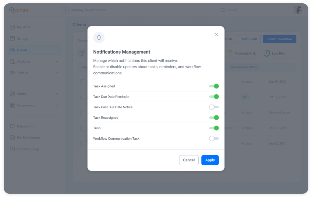 Notifications management panel in client workflow automation software showing controls for task reminders, due date notices, reassigned tasks, and workflow communications, helping professional service teams manage client communication and reduce missed deadlines.
