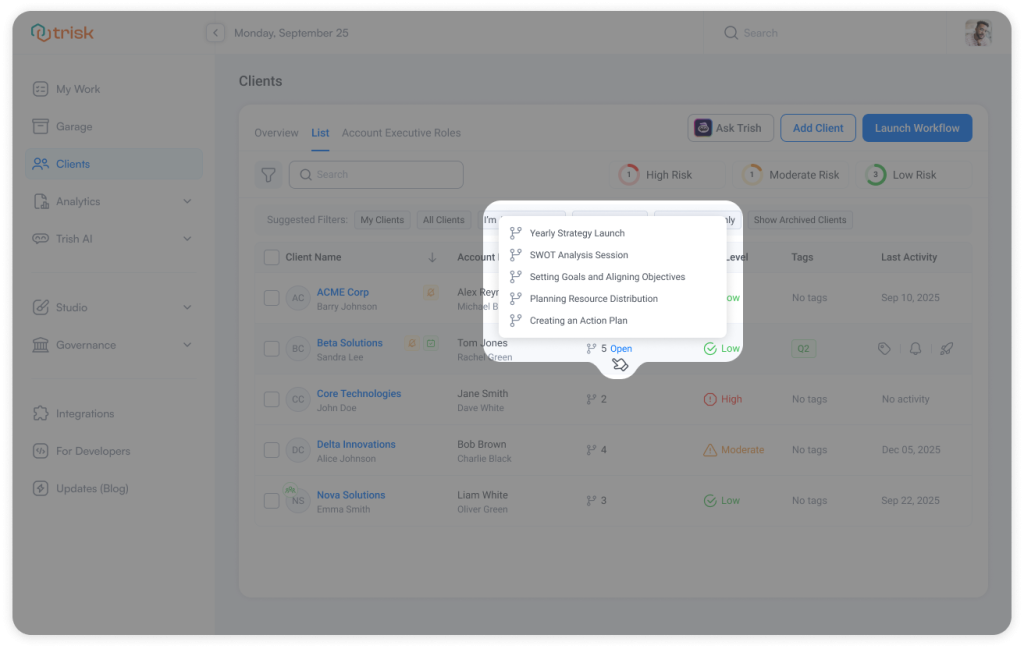 Client list view with tags and active workflow indicators in professional services automation software, enabling teams to organize clients by category, monitor active workflows, and quickly jump into client onboarding, review, or compliance processes.