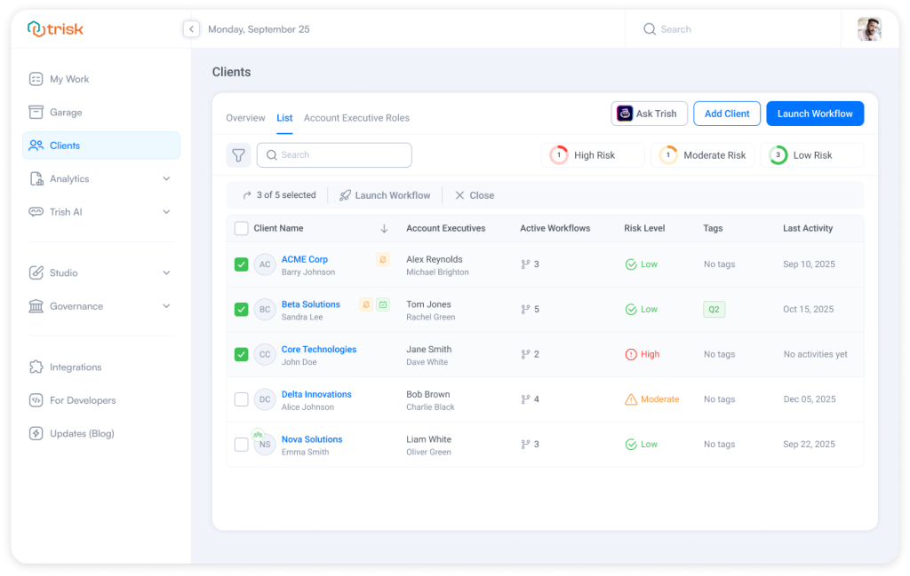 Bulk action feature in workflow automation software allowing teams to select multiple clients and launch workflows simultaneously, supporting high-volume client onboarding, renewals, and recurring engagements for accounting firms and consulting organizations.