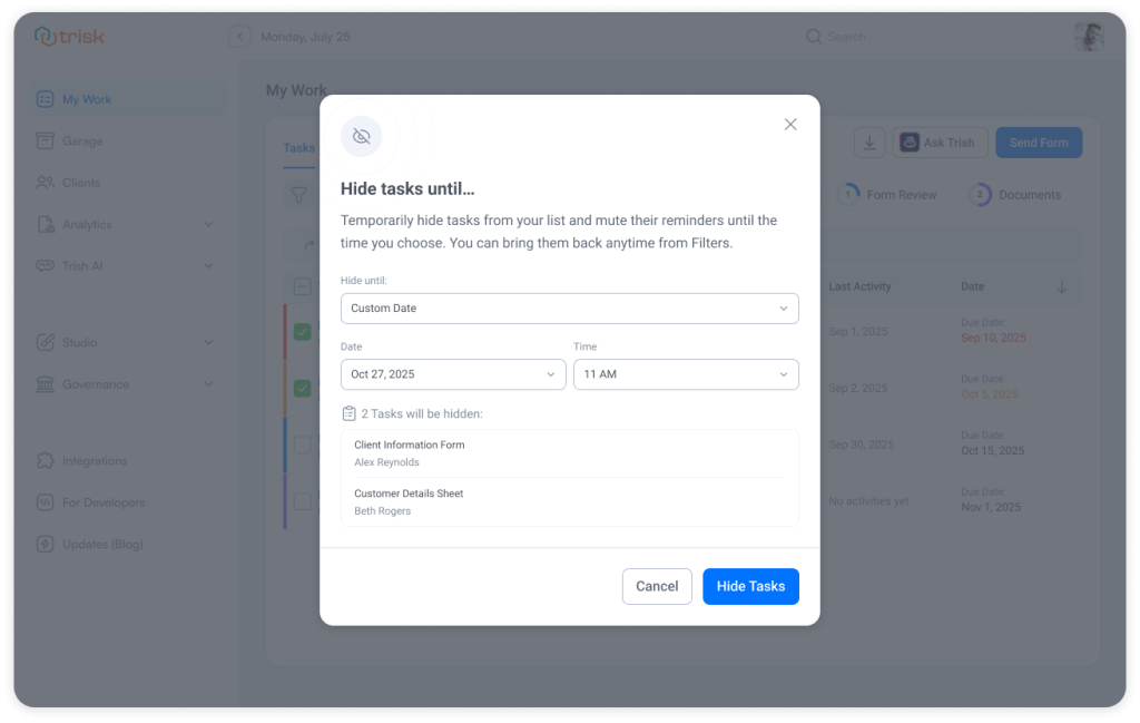 Trisk modal window showing the option to temporarily hide selected tasks until a chosen date and time—allowing professional service teams in accounting, legal, and consulting firms to reduce task list clutter while keeping reminders, deadlines, and workflow automation fully intact.
