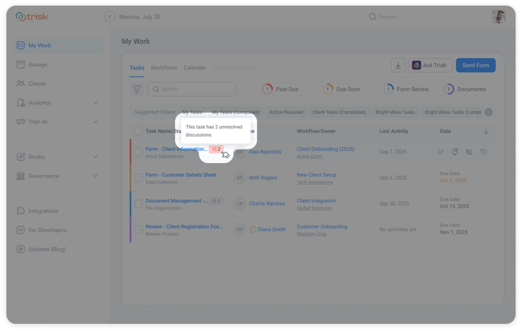 Trisk My Work task list showing a visual indicator for unresolved discussions on a client onboarding task, helping accounting firms and law practices track open questions, improve team collaboration, and maintain audit-ready workflow communication within a centralized task management system.