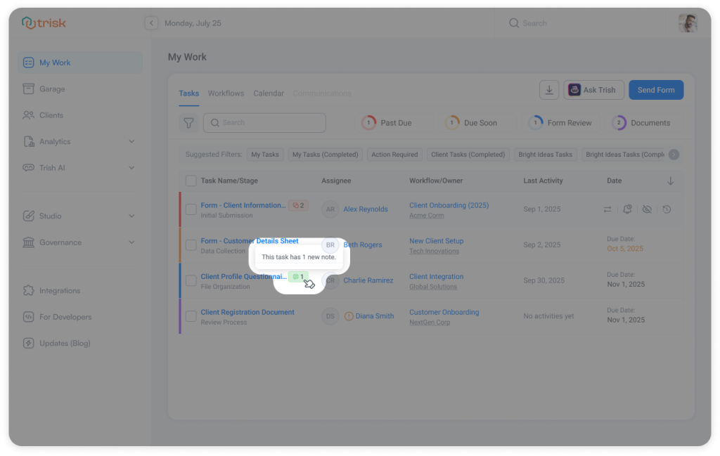Notes panel in Trisk displaying a document comment thread attached to a client task, allowing professional service teams to review files, leave instructions, and collaborate directly inside automated workflows for legal, accounting, and consulting operations.