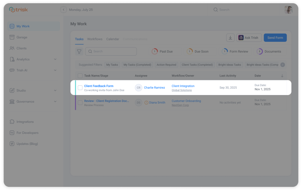 Trisk My Work interface highlighting co-working client tasks at the top of the task list, giving professional service teams real-time visibility into shared responsibilities across workflows, improving coordination for consulting, CPA, and insurance operations.
