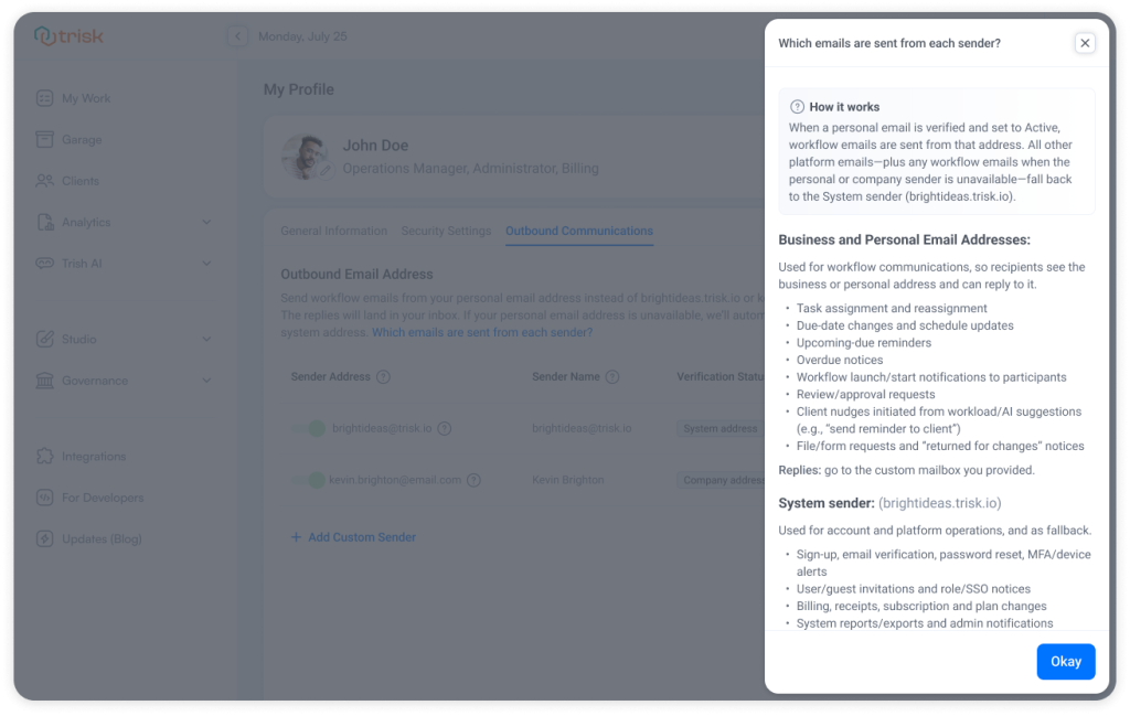 Help panel explaining which workflow emails send from personal address vs system sender, including reminders, approvals, onboarding tasks and billing notices with audit trail fallback reliability in professional services workflow automation system.