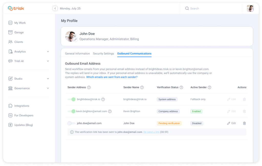 Outbound communications settings inside Trisk professional services workflow automation platform showing personal email sender activation, verification status, and notification control used for client onboarding automation, task reminders, approval requests, and audit-trail tracked communications for accounting firms, law firms, and consulting teams.