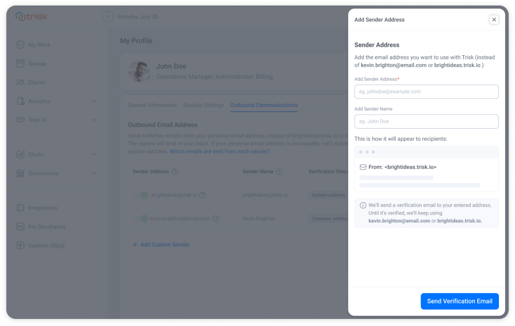 Verification modal where administrator adds and confirms personal email address used to send workflow notifications, document review requests, and reminders in client management automation software with secure fallback delivery and compliance tracking for professional service businesses. Trisk. 