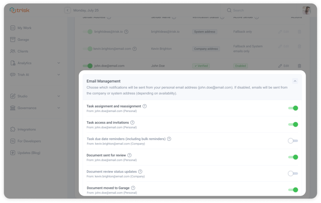Email management settings in workflow automation software showing control over task assignments, reminders, document reviews, and client notifications sent from a personal email address for accounting firms, law firms, and consulting teams to improve client communication and response rates.