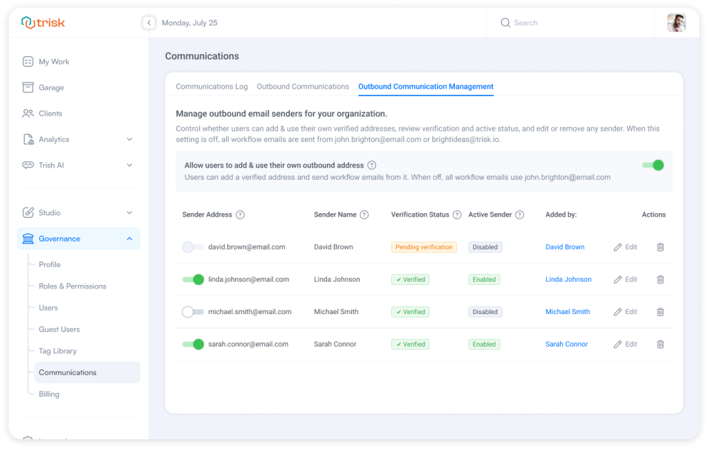 Administration panel managing outbound email senders in a workflow automation platform, showing verified and disabled addresses, activation toggles, and verification status. Used by accounting, legal, consulting, and insurance teams to control who sends automated client communications and maintain standardized communication policies.