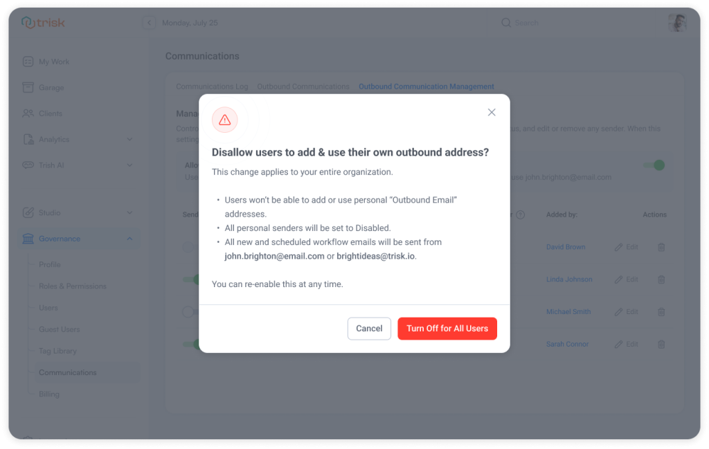 Confirmation window disabling personal outbound email addresses across the organization and reverting automated workflow notifications to a centralized company sender, ensuring consistent communication and compliance for professional service operations.