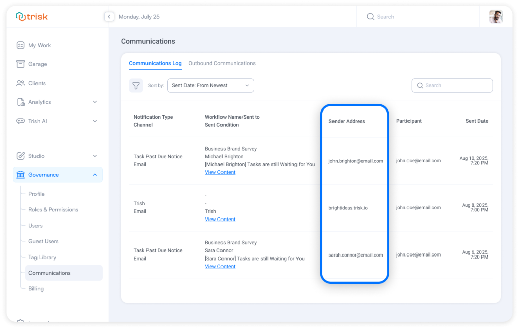 Communication activity log displaying sender address, workflow notification type, and timestamp, providing audit trail visibility and accountability for automated client interactions in accounting, legal, and consulting workflows.