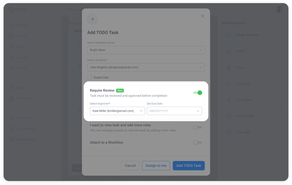 Task creation window in workflow automation software showing the “Require Review” option enabled, with an assigned approver and due date. This feature allows accounting, legal, and consulting teams to add an approval step to tasks, ensuring work is reviewed and validated before completion in client onboarding, compliance, and operational workflows.