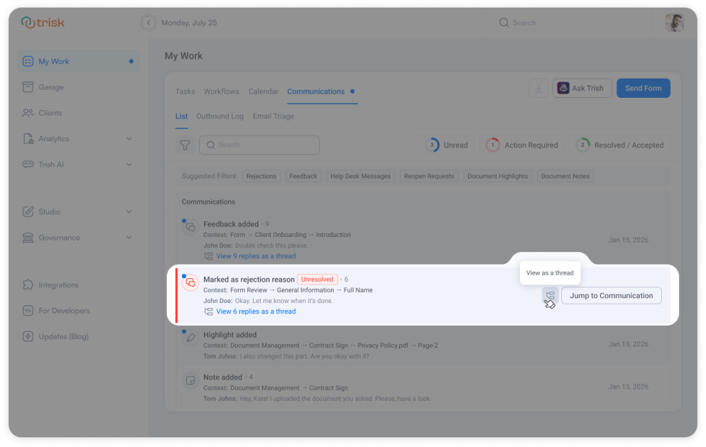 Communication list interface displaying task-related discussions, rejection reasons, document highlights, and feedback messages within workflow automation software. The system aggregates conversations from forms, documents, and tasks into a structured list with status indicators, allowing professional service teams to track unresolved items and navigate directly to the related workflow activity.