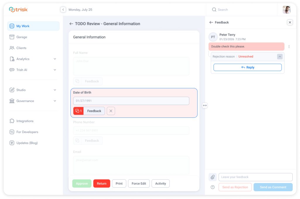 Task review screen displaying a rejected task with unresolved feedback and a highlighted field requiring correction. The interface shows reviewer comments and prevents task approval until issues are resolved, helping professional service teams maintain quality control, compliance, and accountability in workflow automation systems.