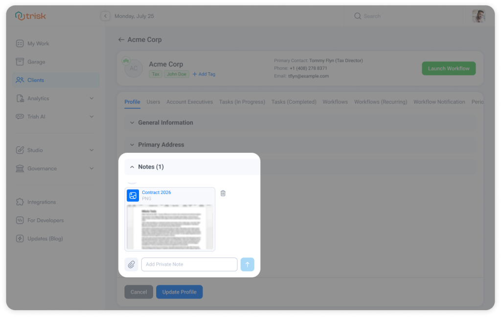 Client profile screen in Trisk showing a Notes section with an attached document preview and file upload option, allowing teams to store contracts, screenshots, and supporting files directly within client records. The system enables document tracking, including views and downloads, helping accounting firms, law firms, and consultants manage client information, documentation, and audit visibility in one centralized workflow.