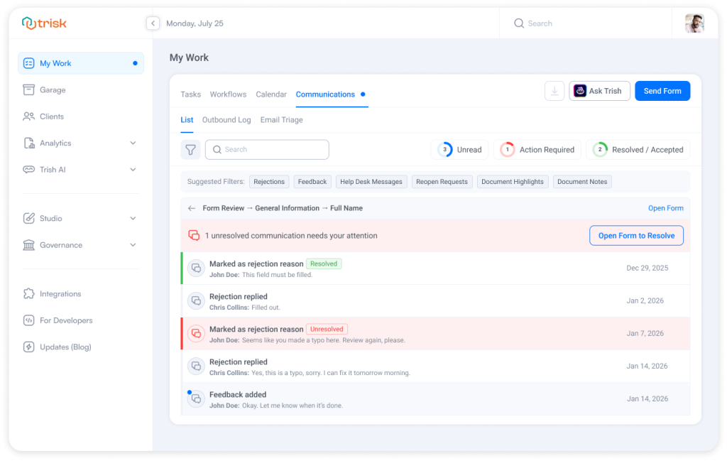 Detailed workflow communication thread showing feedback, rejection reasons, and resolution status within a form review process. The interface allows managers and reviewers to open the related form, view message history, and resolve outstanding workflow tasks during document review, compliance checks, or client onboarding processes.
