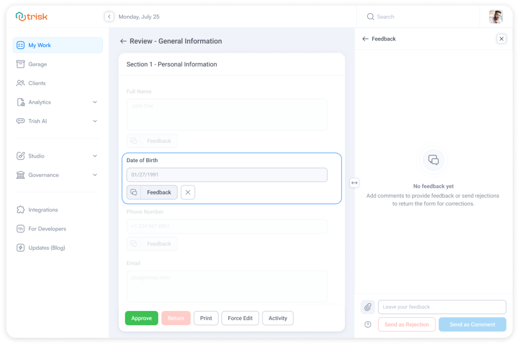 Form review interface showing a Feedback button attached to a specific field within a structured client intake form. The screen highlights the selected field while a side panel opens for comments, questions, or rejection reasons, allowing accounting, legal, and consulting teams to collaborate directly inside workflow forms during client onboarding and compliance reviews. Trisk