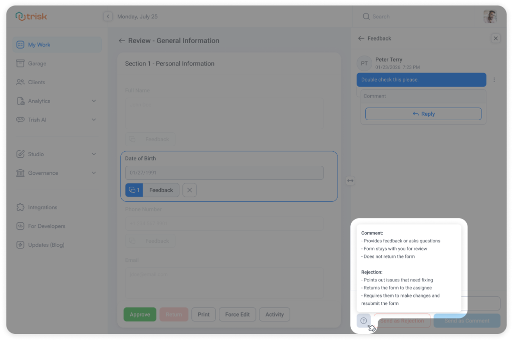 Workflow form review screen displaying a highlighted field and a foldover where reviewers can discuss issues, provide comments, or ask questions directly within the form. This structured communication model helps professional service teams manage data validation, document review, and client submission corrections without external email communication. Trisk