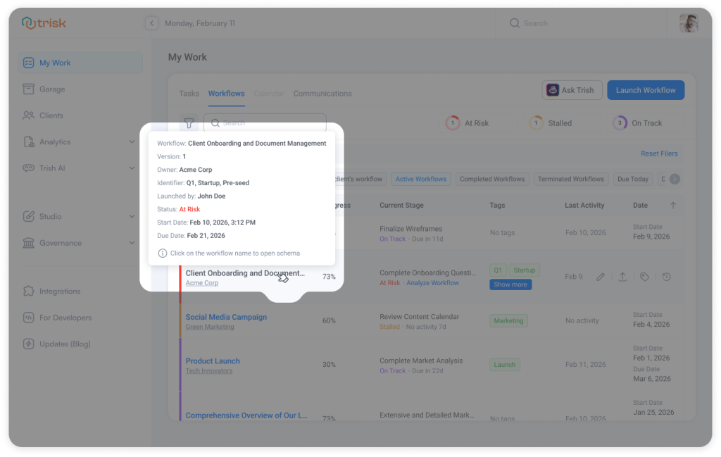 Workflow list interface showing a hover preview with detailed information including workflow owner, status, risk level, start date, and due date. This feature allows professional service teams to quickly access workflow context and identify risks without opening each workflow individually.