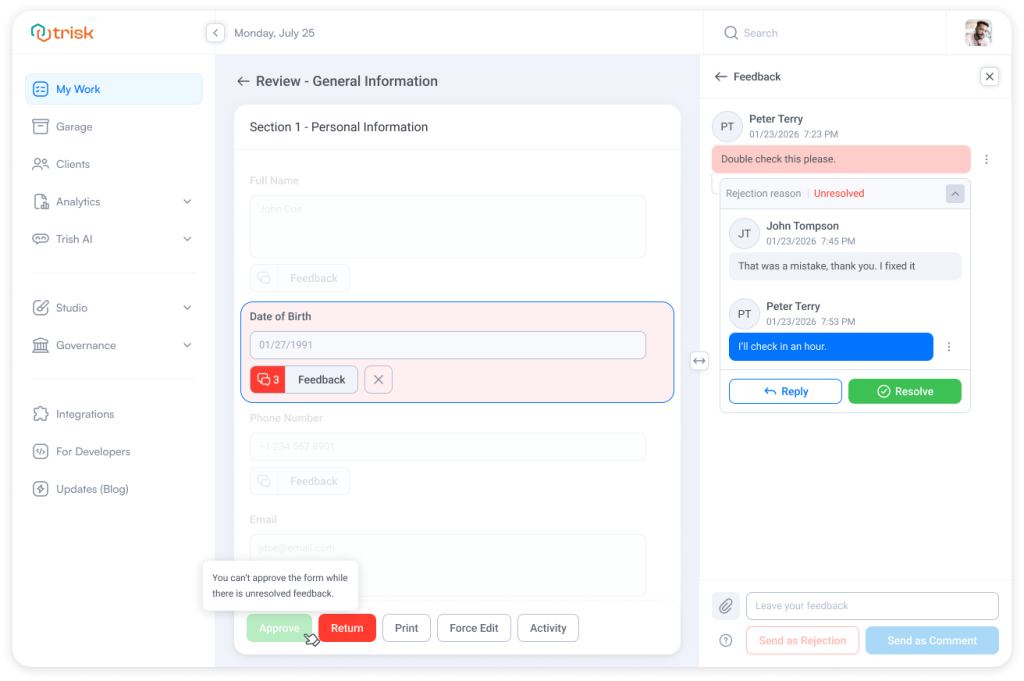 Workflow form interface displaying an unresolved rejection reason on a form field with threaded discussion between reviewers and assignees. The system blocks form approval until the issue is resolved, ensuring compliance checks, audit visibility, and controlled review workflows for accounting, legal, and consulting teams.