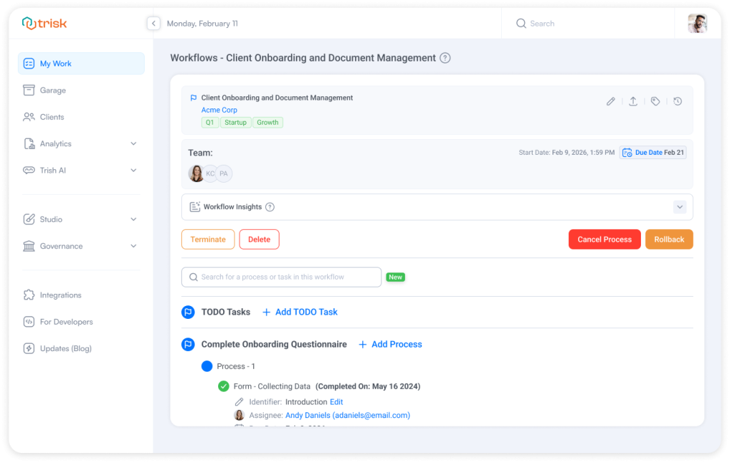 Workflow automation screen displaying a detailed workflow schema with tasks, processes, and a search bar to quickly locate specific steps. The interface enables accounting, legal, and consulting teams to manage complex workflows, track onboarding processes, and navigate multi-stage operations efficiently.