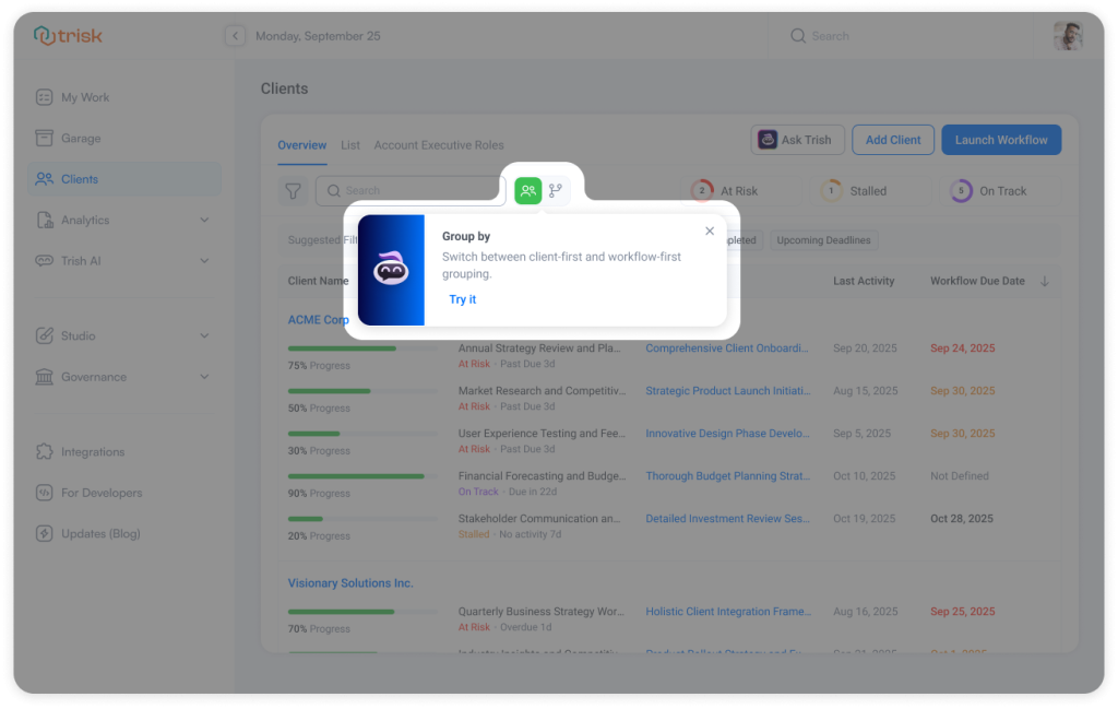 Client management dashboard showing a toggle option to switch between client-first and workflow-first views, allowing users to organize work either by client or across workflows. This flexibility helps accounting firms, law firms, and consulting teams manage client onboarding, track progress, and adjust workflow visibility based on operational needs. Trisk.io