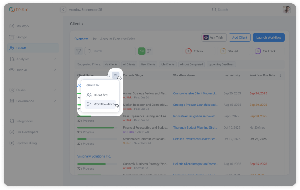 Dropdown menu displaying grouping options to organize work by client or by workflow within a client management system. This feature enables professional service teams to switch perspectives instantly, improving workflow tracking, client visibility, and operational efficiency across multiple projects. Trisk.io