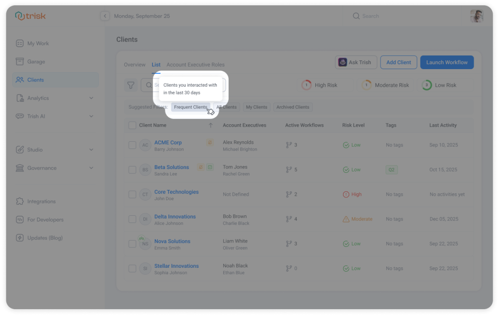 Trisk Client management dashboard displaying a filtered list of recently active clients using a “Frequent Clients” filter, highlighting accounts with recent activity within the last 30 days. The interface helps accounting firms, law firms, consulting, and other professional services teams prioritize active clients, track ongoing work, and manage workflows more efficiently without searching through large client lists.