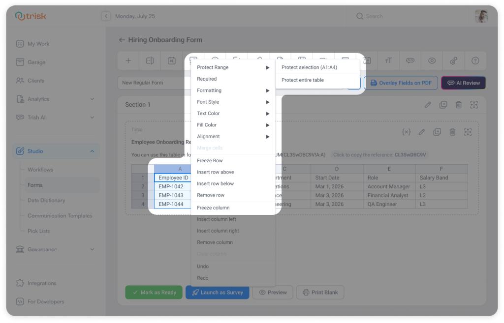 Form builder interface displaying a table with a context menu showing options to protect selected cells, rows, columns, or the entire table. This feature allows accounting firms, law firms, and consulting teams to lock critical data fields and prevent unwanted edits in client onboarding forms, compliance workflows, and structured data collection processes.