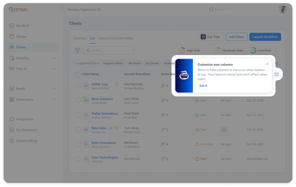 Client management dashboard showing a “Customize columns” option that allows users to show or hide table columns. This feature helps accounting firms, consultants, and professional service teams tailor workflow views and focus on relevant client and task data.
