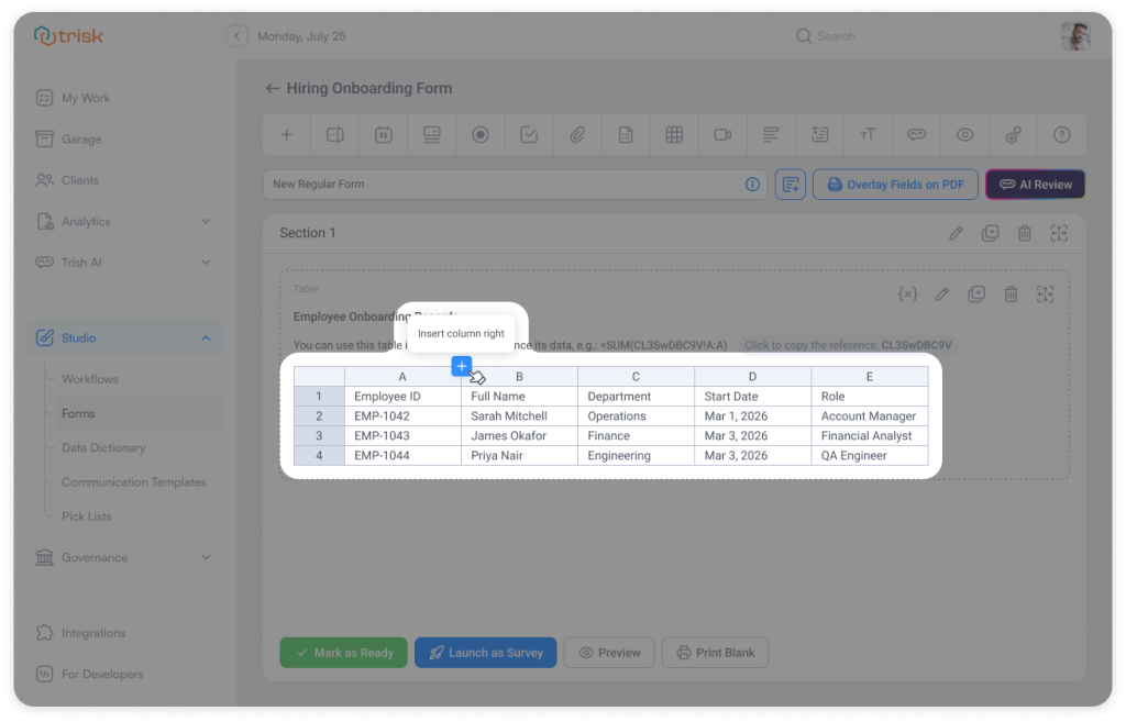 Form builder interface displaying a table with a visible plus button between columns used to insert a new column. This feature allows accounting firms, law firms, and consulting teams to quickly update structured data tables during client onboarding, employee onboarding, and workflow data collection processes.