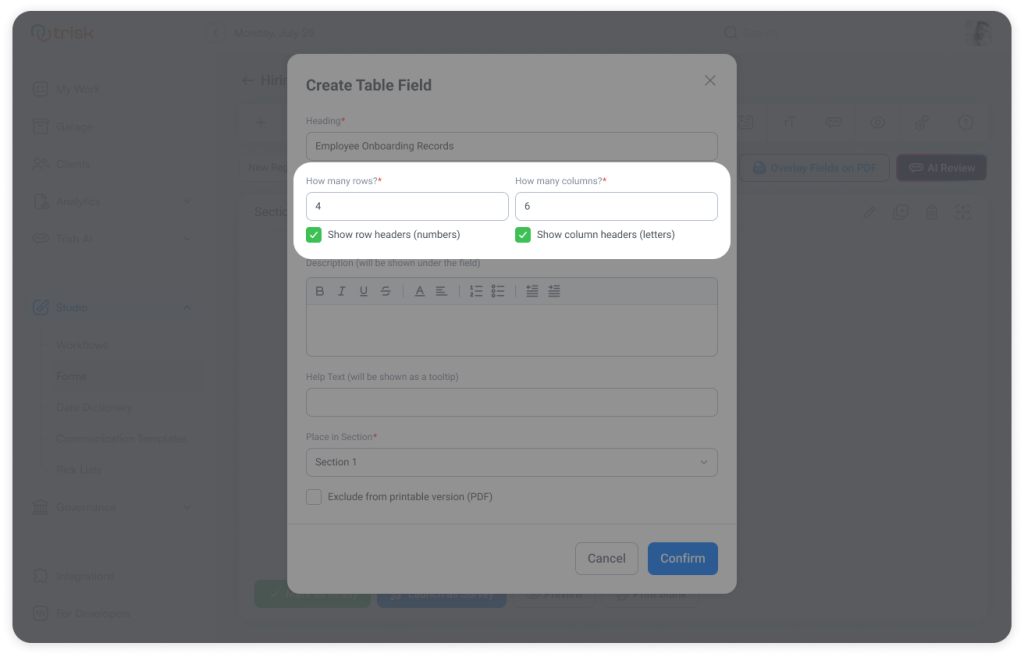 Table field settings panel in a workflow form builder showing options to configure the number of rows and columns and toggle visibility for row headers and column headers. This allows professional service teams to customize form layouts for better usability in client onboarding, compliance forms, and internal workflows.