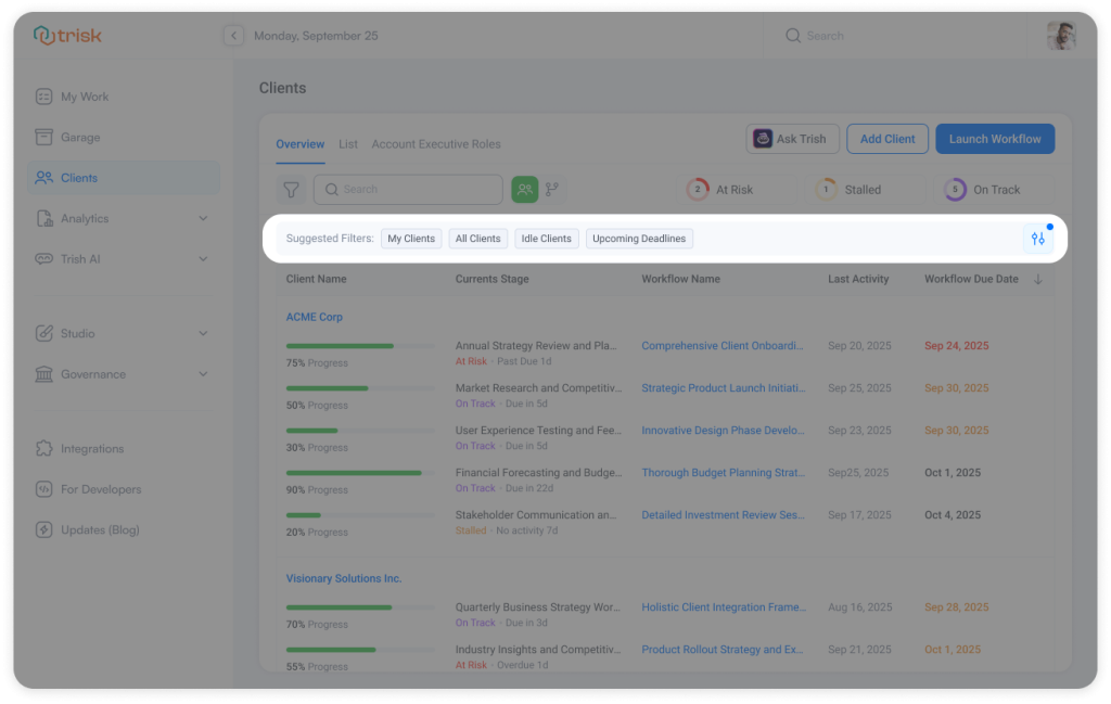 Client management dashboard showing suggested filters such as My Clients, All Clients, Idle Clients, and Upcoming Deadlines. These filters help accounting firms, consulting teams, and professional service providers quickly navigate active clients and workflows within a workflow automation platform.