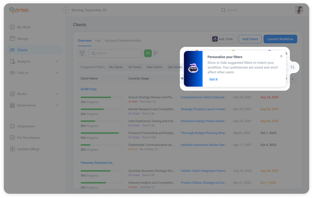 Tooltip interface explaining how users can personalize visible filters in a workflow dashboard by showing or hiding suggested filters. Preferences are saved per user, enabling customized workspace views for accountants, consultants, and operations teams managing multiple clients.