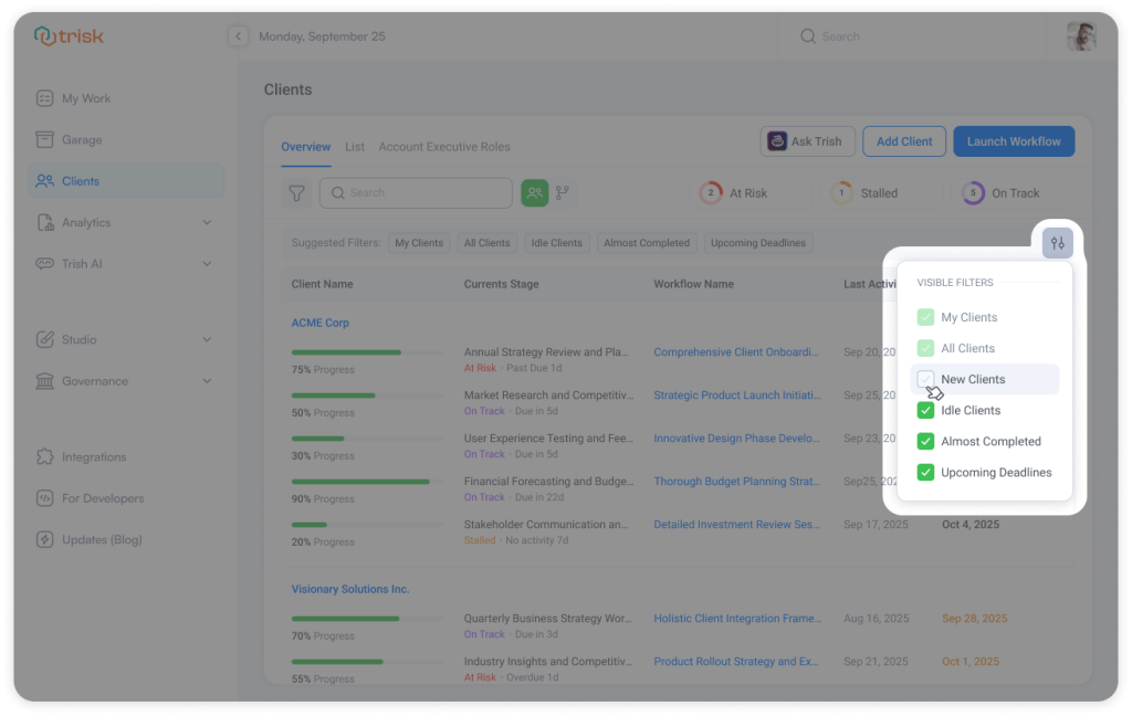 Filter settings panel displaying checkbox options for visible filters such as My Clients, New Clients, Idle Clients, Almost Completed, and Upcoming Deadlines. This allows users to customize their workflow dashboard and reduce visual clutter in client and task management systems.