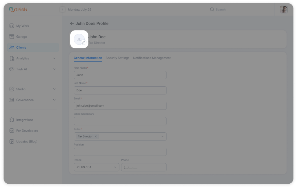 User profile page in workflow automation software showing one-click profile access and avatar update functionality. Designed for accounting firms, consulting teams, and professional service businesses to manage users faster and improve team visibility.