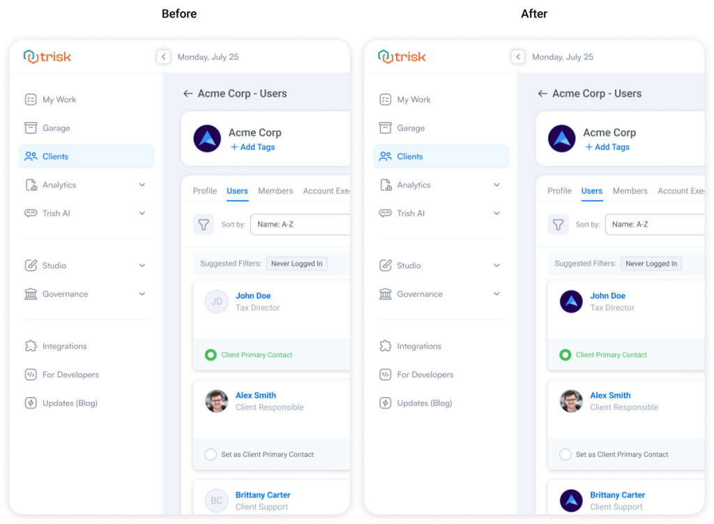 Before and after comparison of user avatars in a client management dashboard, showing automatic display of company logos when no user photo is available. Improves recognition and usability for teams managing multiple clients in workflow automation software.