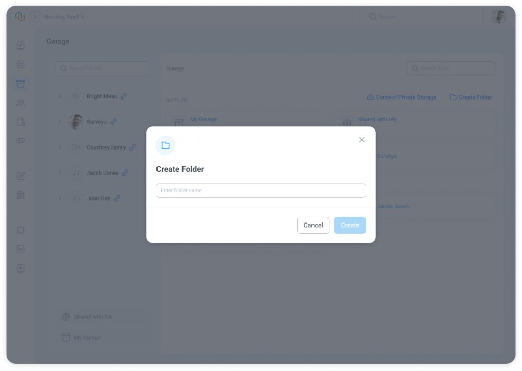 Create Folder wondow in document management software where users enter a folder name to create a new folder and organize files within Garage.