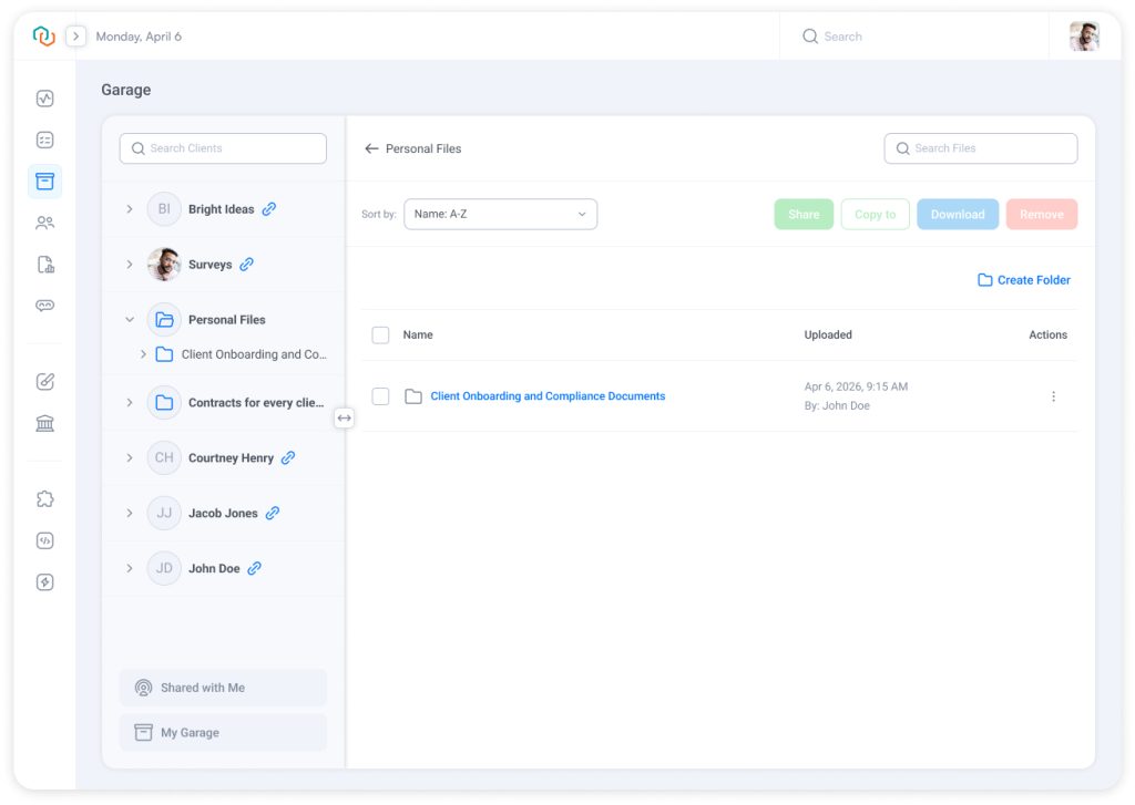 Document management workspace showing a custom folder and its contents inside Garage, helping teams organize, access, and manage files more effectively.