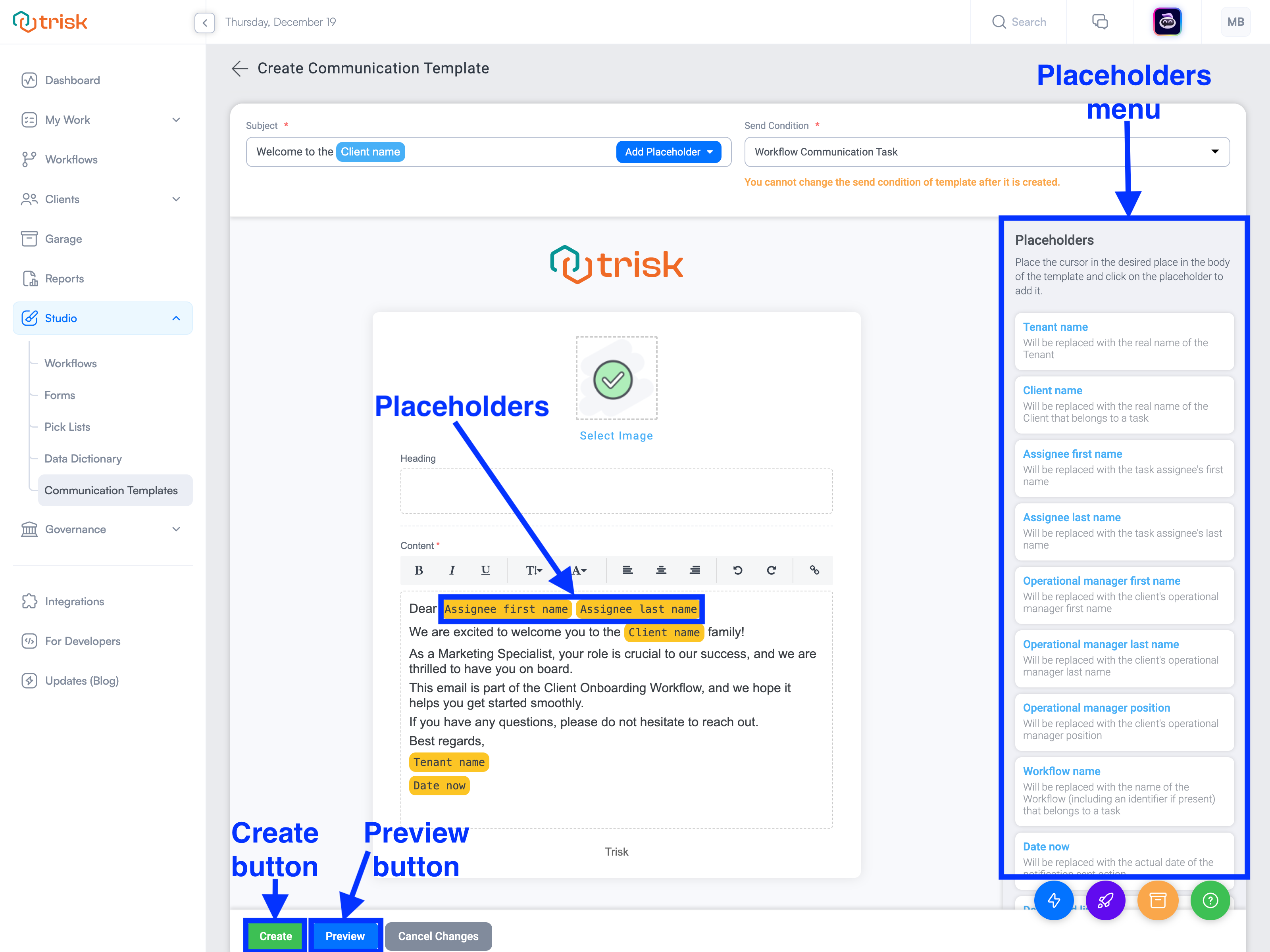 Communication Templates | Customize the template content