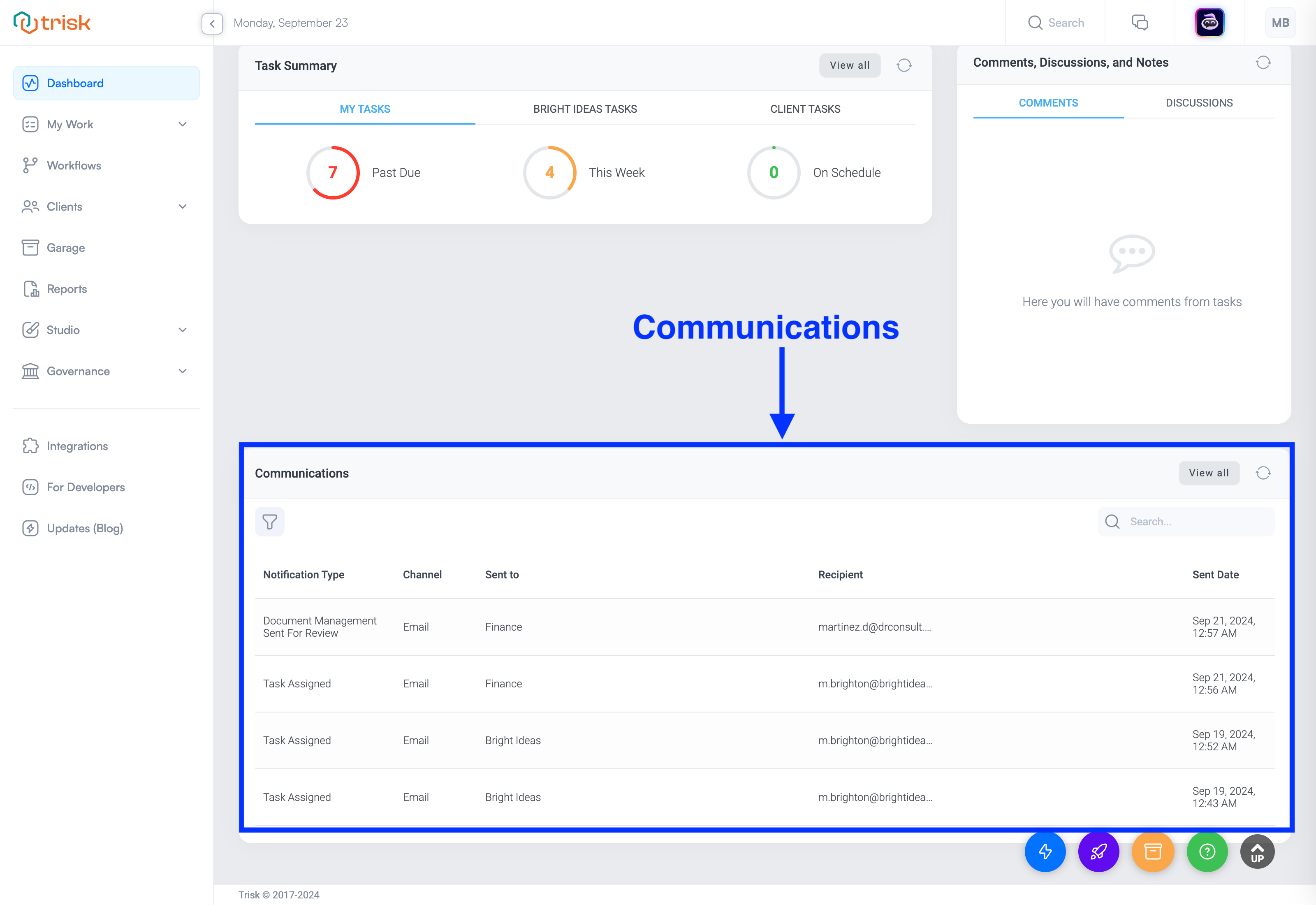 Dashboard Layout Communications