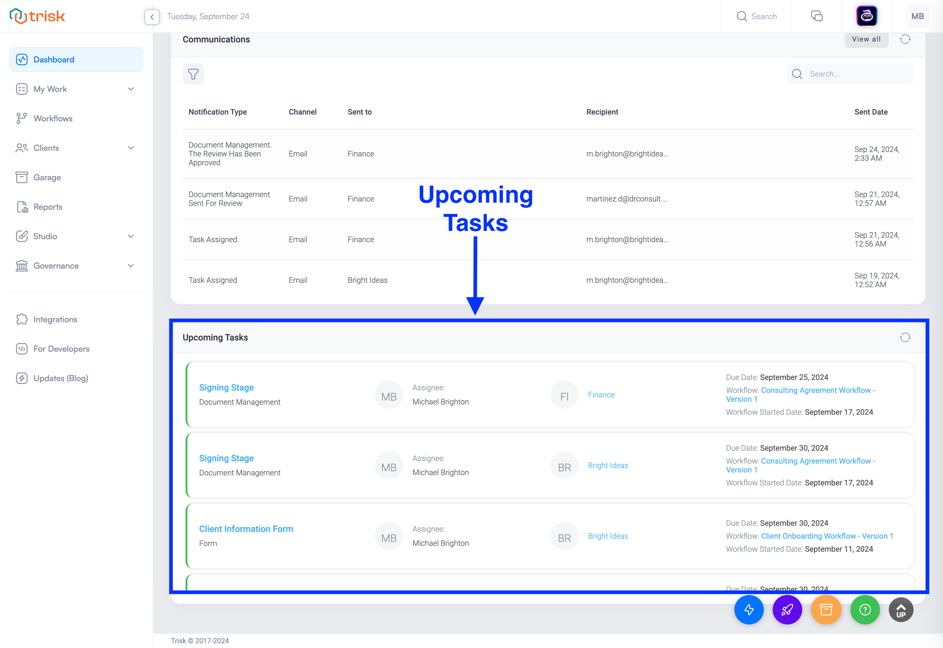 Dashboard Layout Upcoming Tasks