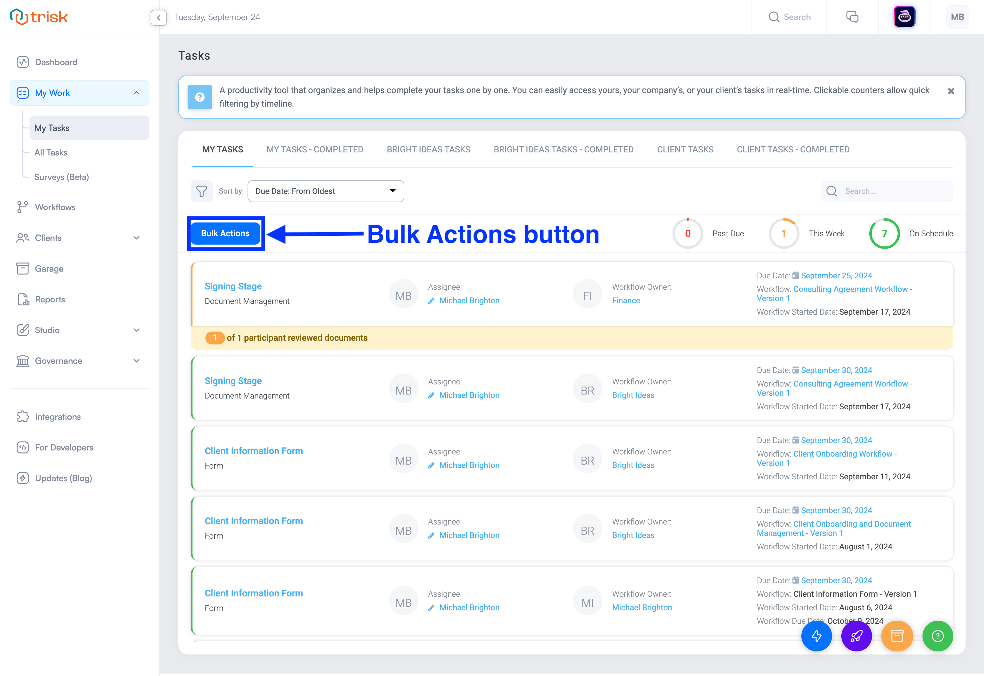 My Tasks - Bulk Actions